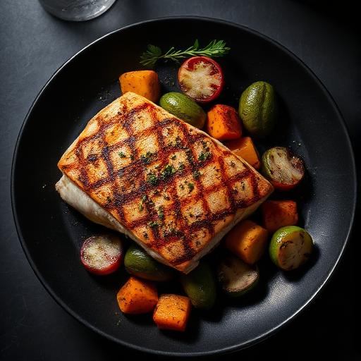 Peixe assado com legumes mediterrâneos